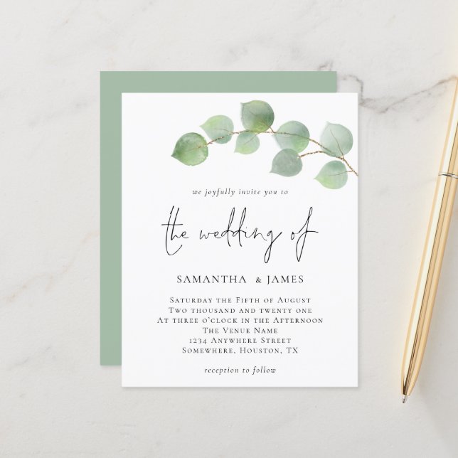 Budget Elegant Eucalyptus Wedding Einladung (Vorderseite/Rückseite Beispiel)