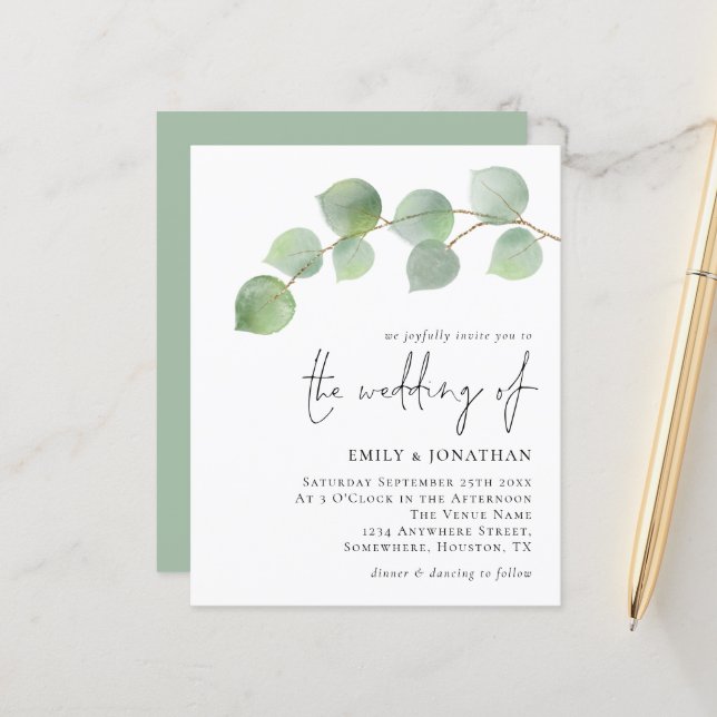Budget Elegant Eucalyptus Wedding Einladung (Vorderseite/Rückseite Beispiel)