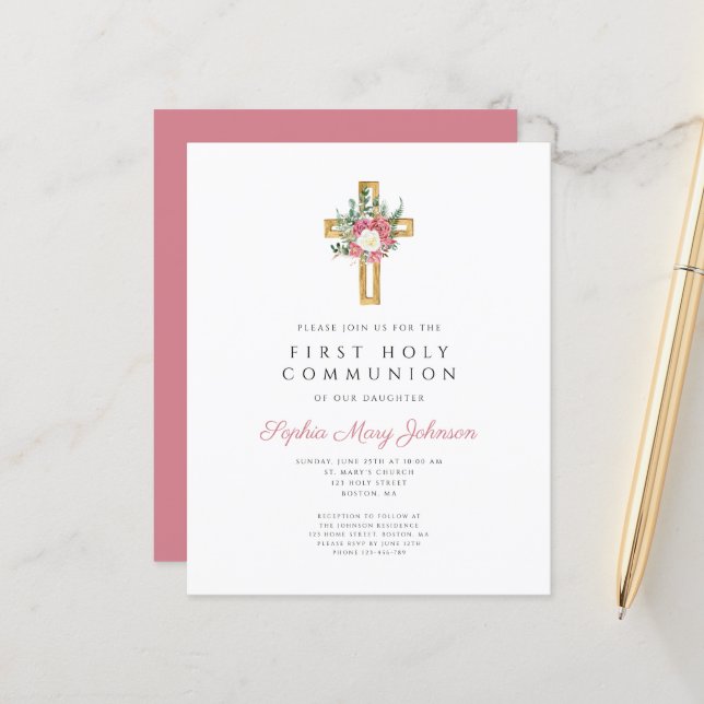 Budget Elegant Floral Cross Girl Erste Kommune (Vorderseite/Rückseite Beispiel)