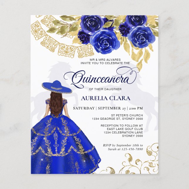 Budget Elegant Floral Royal Blue Horse Quinceañera (Vorderseite)