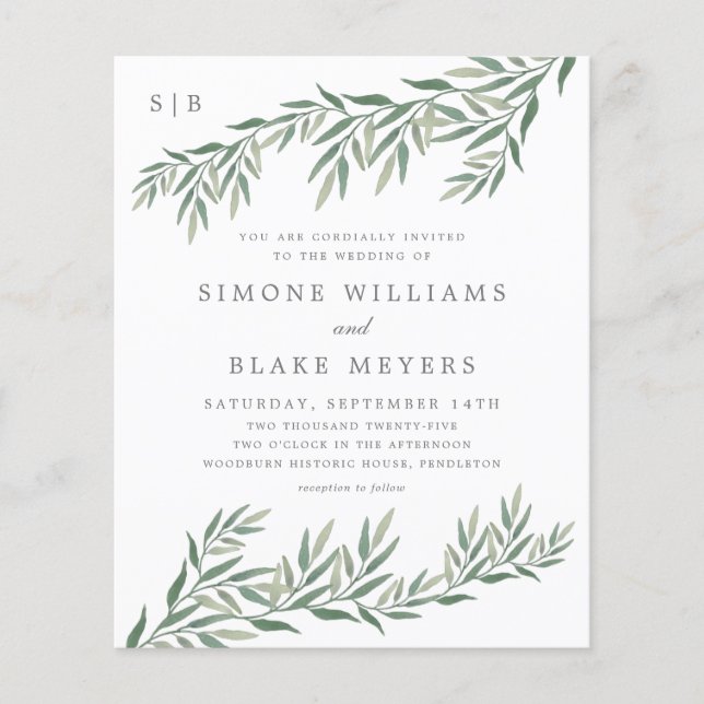 Budget Elegant Green Foliage Hochzeit Einladung (Vorderseite)