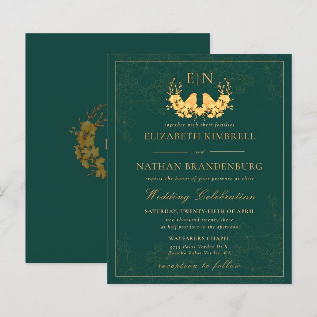 Budget Elegant Green Gold Monogram Wedding Einladu (Vorne/Hinten)