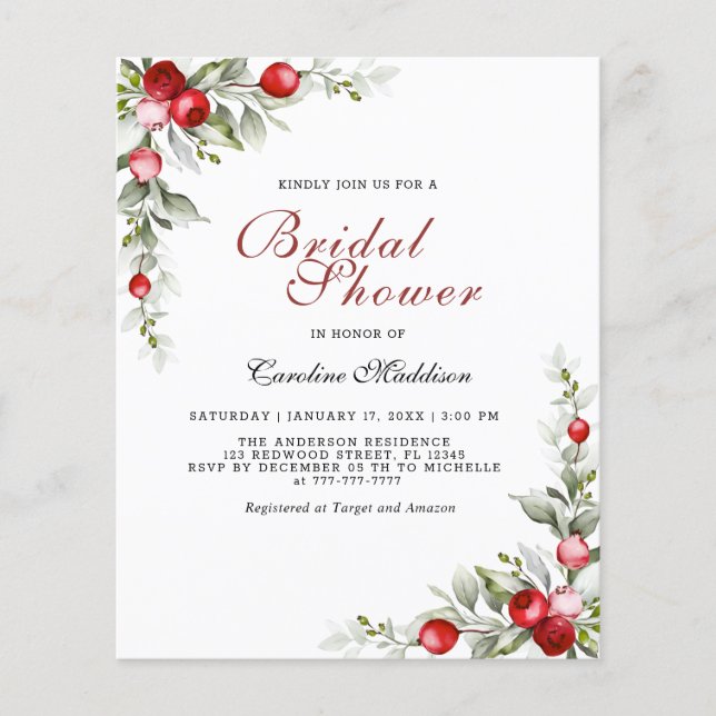 Budget Elegant Greenery Winter Brautparty Flyer (Vorderseite)