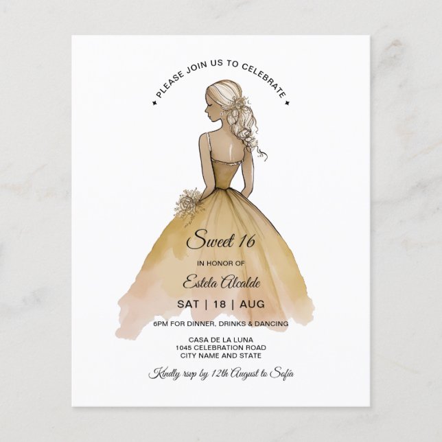 Budget Elegant Minimalistisch Sweet 16 Einladung (Vorderseite)