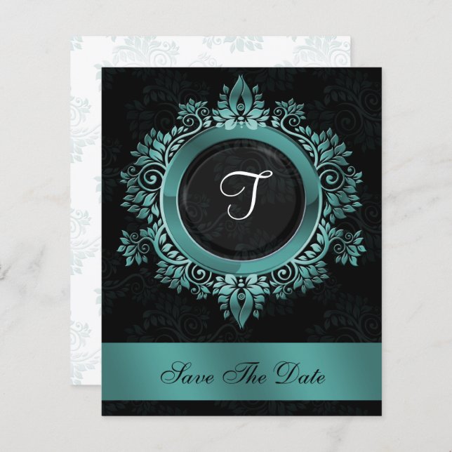 Budget Elegant Monogram Aqua Save the Date (Vorne/Hinten)