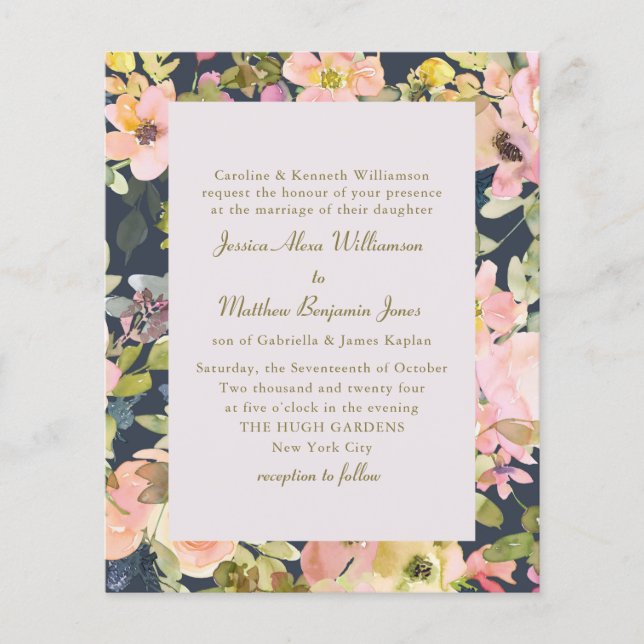 Budget Elegant Navy Floral Formal Hochzeit Einladu (Vorderseite)