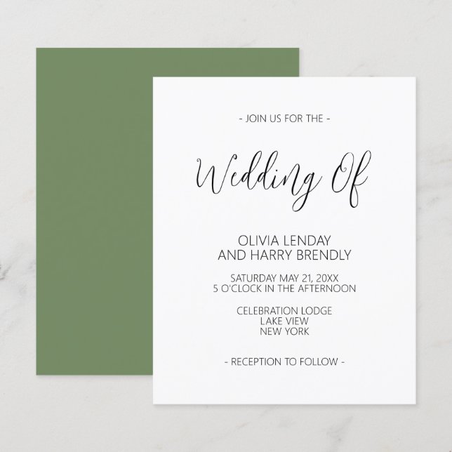 Budget Elegant Olive Green Wedding Einladung (Vorne/Hinten)