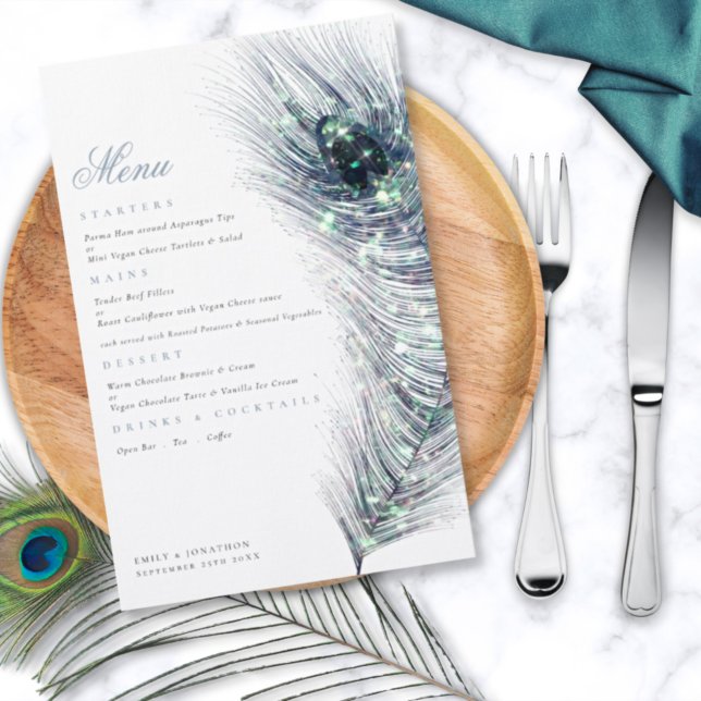 Budget Elegant Peacock Feather Blue Wedding Menu (Créateur téléchargé)