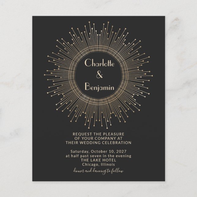 Budget Elegante Black Gold Art Deco Hochzeit Einla (Vorderseite)