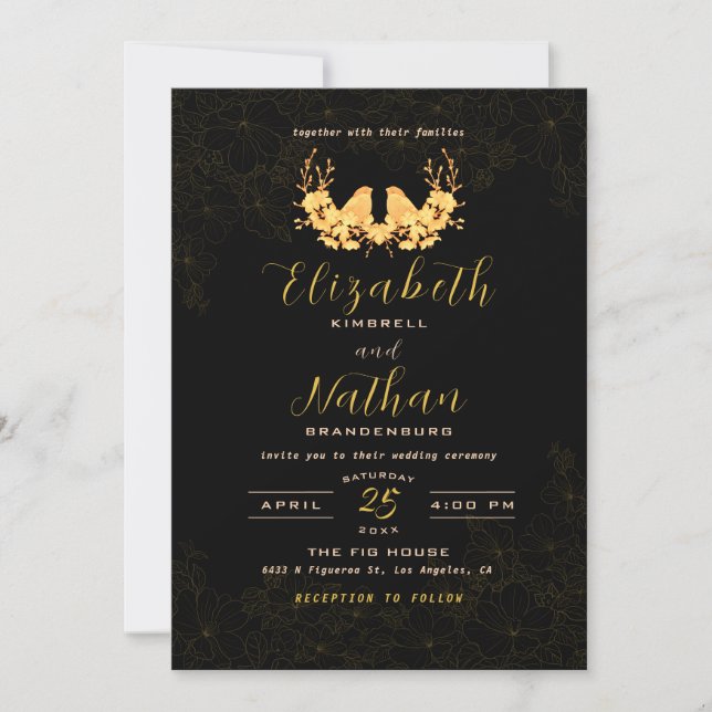 Budget Elegante Black Gold Birds Hochzeitsempfang Dankeskarte (Vorderseite)