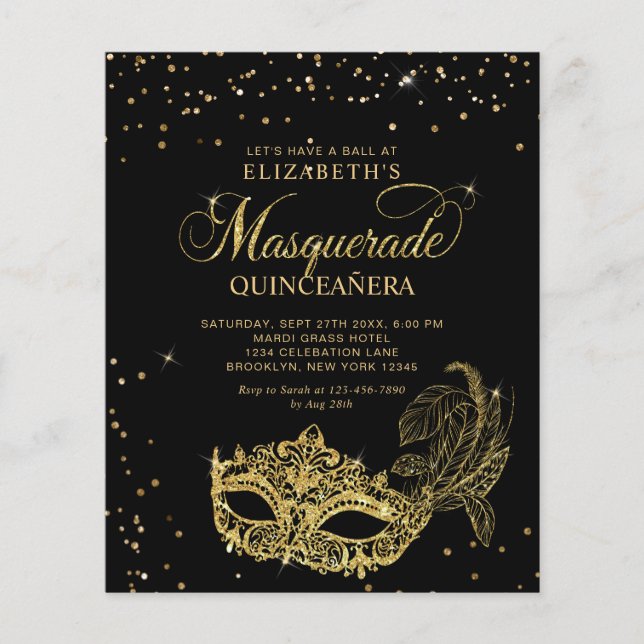 BUDGET Elegante Black Gold Masquerade Quinceañera (Vorderseite)