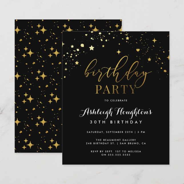 Budget Elegante Black & Gold Star Confetti Geburts (Vorne/Hinten)