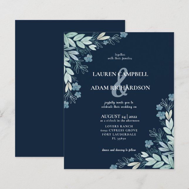 Budget Elegante Blue Foliage Hochzeit Einladung (Vorne/Hinten)