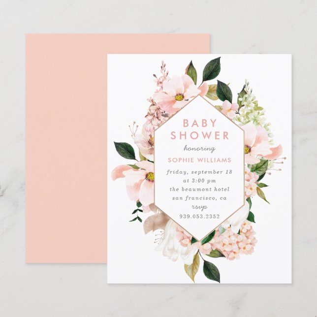 Budget Elegante Blush & Gold Floral Baby Dusche (Vorne/Hinten)