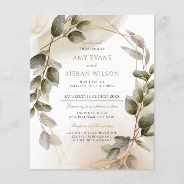 Budget Elegante Blush Green Gold Watercolor Hochze (Vorderseite)