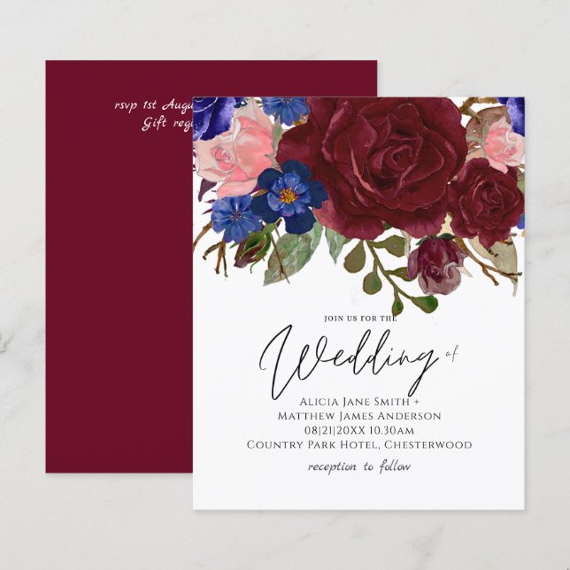 BUDGET Elegante Burgundy Blue Floral Wedding Einla (Vorne/Hinten)