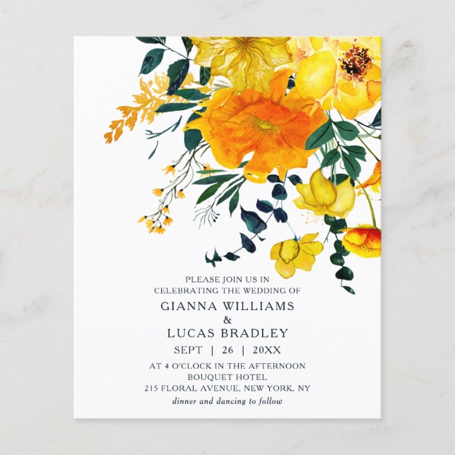 Budget Elegante gelbe Wasserfarben Blumenzehen Flyer (Vorne)