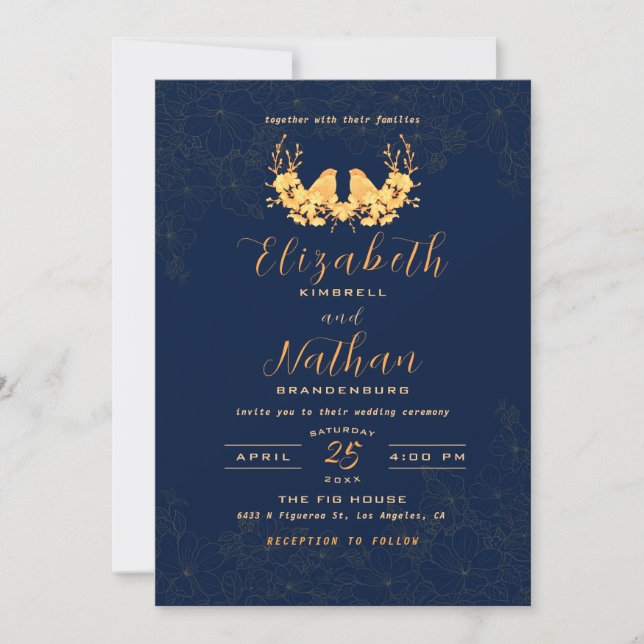 Budget Elegante Gold Birds Navy Wedding Einladung (Vorderseite)