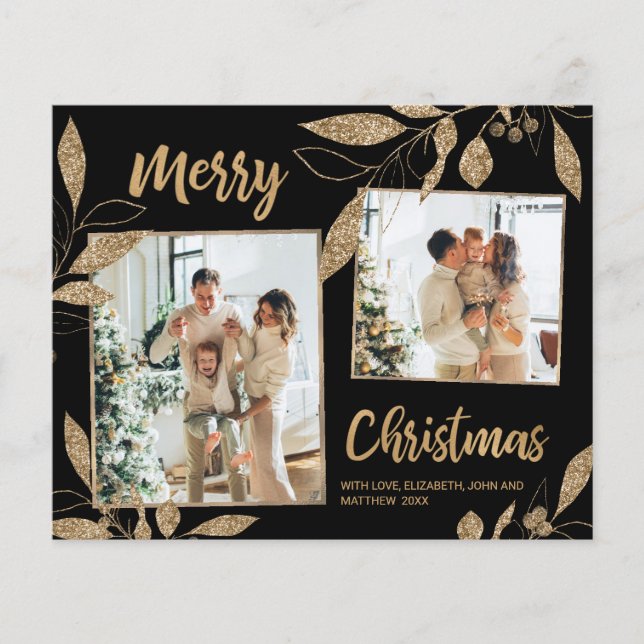 Budget Elegante Gold Blätter 2 Foto Weihnachtskart (Vorderseite)