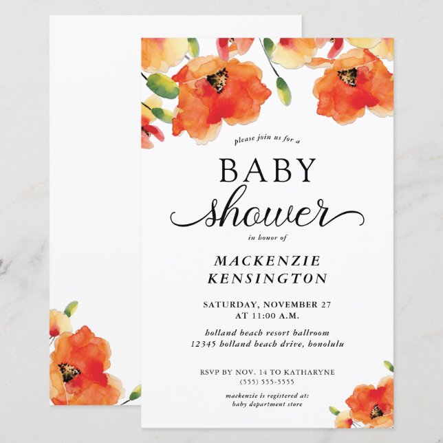Budget Elegante Golden Poppy Baby Dusche Einladung (Vorne/Hinten)