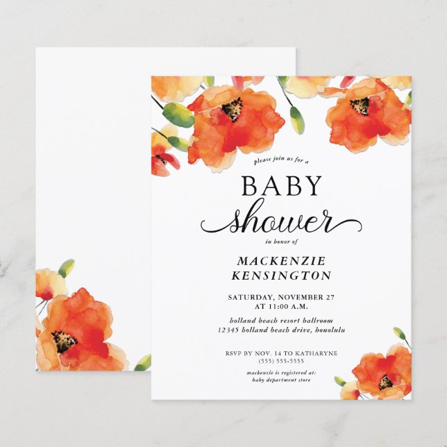 Budget Elegante Golden Poppy Baby Dusche Einladung (Vorne/Hinten)