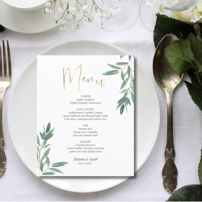Budget Elegante Green Foliage Flat Menu Card (Von Creator hochgeladen)