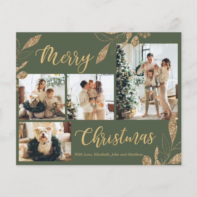 Budget Elegante Green Gold Foto Weihnachtskarte (Vorderseite)
