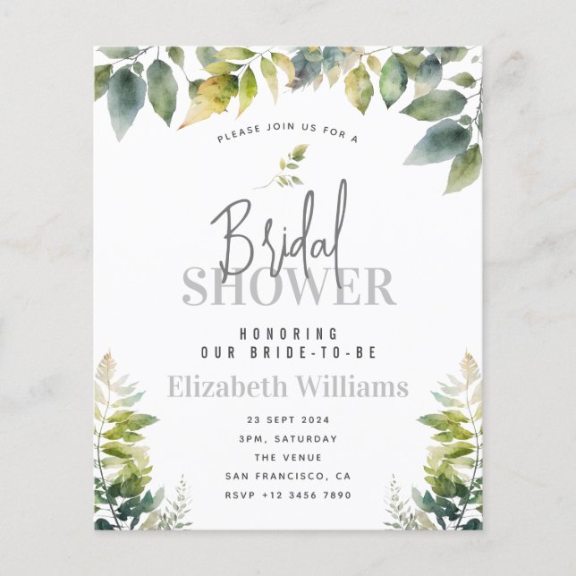 BUDGET Elegante Grüne Bridal Dusche Einladung (Vorderseite)