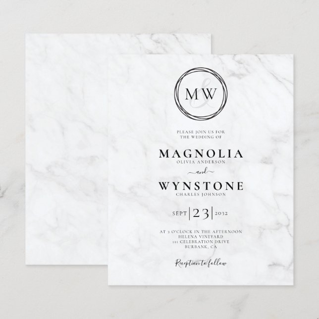Budget Elegante Marmor Monogram Wedding Einladung (Vorne/Hinten)