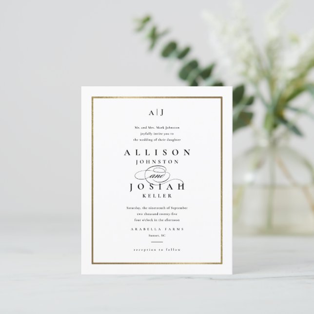 Budget Elegante Monogram Gold Hochzeit Einladung (Stehend Vorderseite)