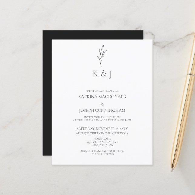 Budget Elegante Monogram Minimalistisch Chic Weddi (Vorderseite/Rückseite Beispiel)