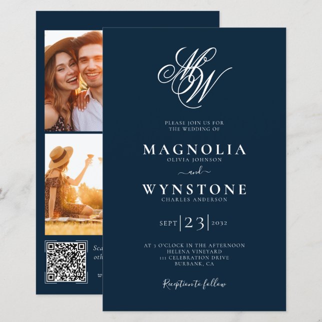 Budget Elegante Monogram QR Code Einladung Hochzei (Vorne/Hinten)