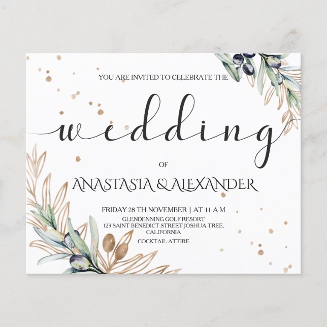 BUDGET/Elegante Oliven Hochzeit Einladung. Flyer (Vorne)
