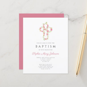 Budget Elegante rosa Blumenkreuz Taufe einladen