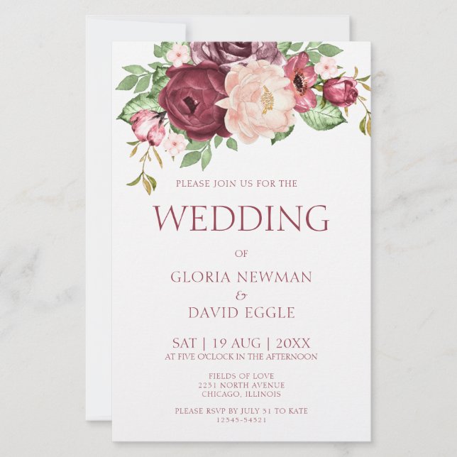 Budget Elegante Rosa Marsala Hochzeit Einladung (Vorderseite)