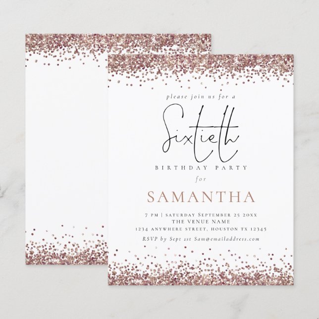 Budget Elegante Rose Gold Glitzer 60. Party Einlad (Vorne/Hinten)