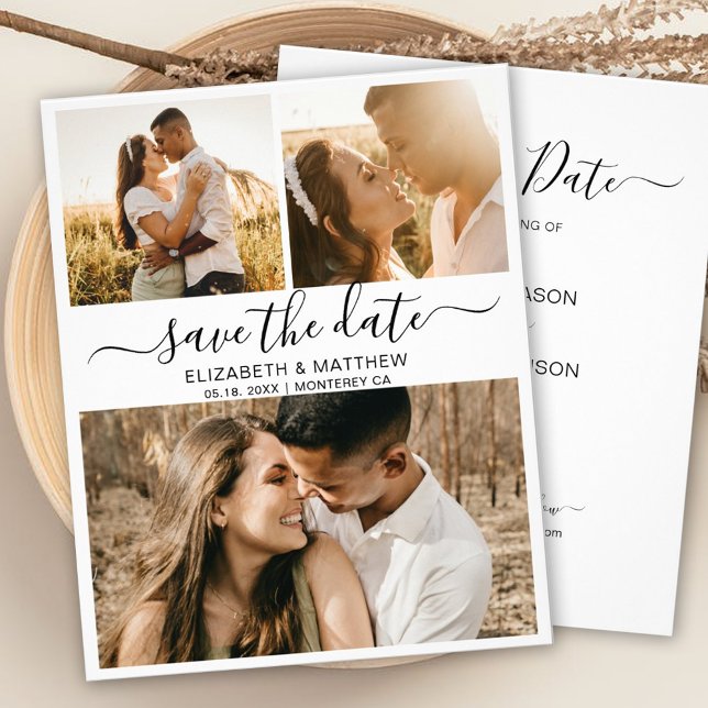 Budget Elegante Script Foto Collage Save the Date Flyer (Von Creator hochgeladen)