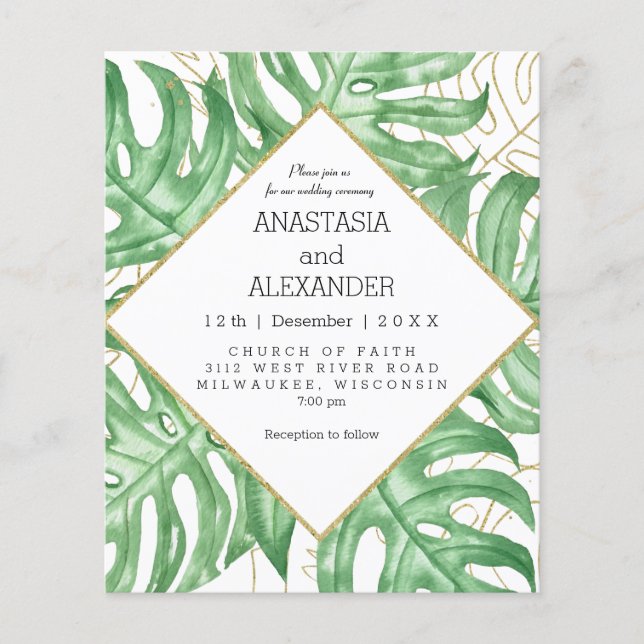 Budget Elegante tropische Hochzeit Einladung. Flyer (Vorne)