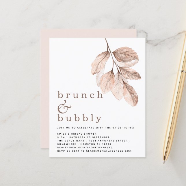 Budget Elegantes Blush Foliage Brautparty Einladun (Vorderseite/Rückseite Beispiel)