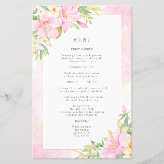Budget Elegantes florales Wasserfarbenmenü Rosa Ho (Vorderseite)