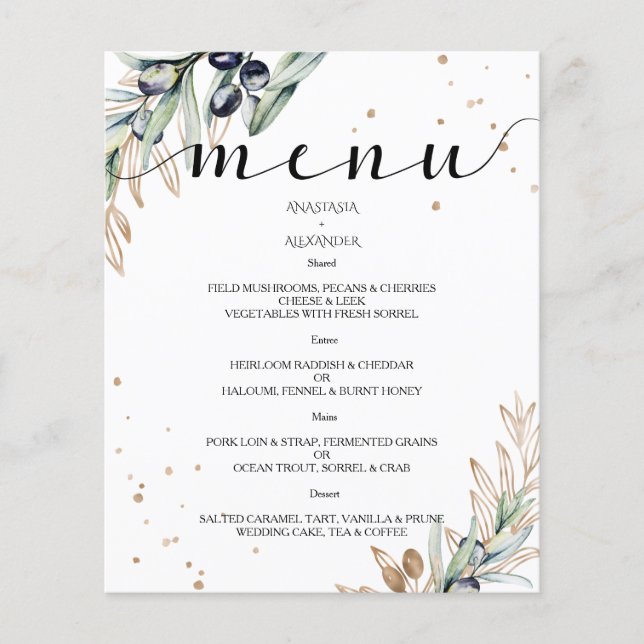 Budget Elegantes Olive WEDDING MENU. Flyer (Vorne)