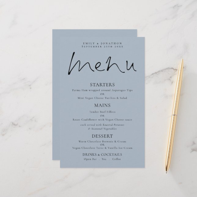 Budget Elegantes Script Dusty Blue Wedding Menü (Vorderseite/Rückseite Beispiel)