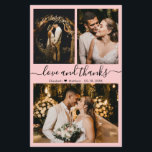 Budget Elegantes Script Foto Hochzeit Danke Karte<br><div class="desc">Budget, modern, elegant, handschriftlich 3 Foto Collage Soft Pink Hochzeit Dankeschön Karte. Minimalistische Hochzeit Dankeschön Kartenvorlage mit drei (3) Foto auf der Vorderseite und (1) ein Foto auf der Rückseite. Mit dem Text "Liebe und Dank"-Skript in einer kursiven Hand gezeichnet Kalligraphie Swash-Schwanz Schriftart in schwarz auf pastellrot rot Rosa, oder...</div>