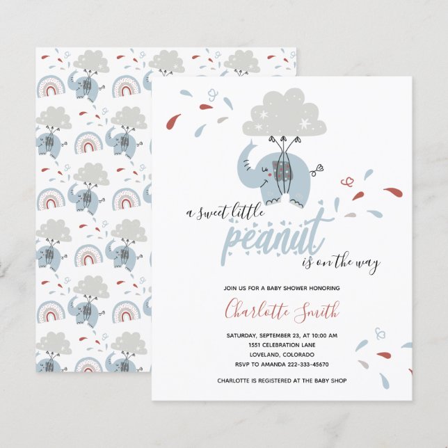 Budget Elephant Blue Boy's Baby Shower Einladung (Vorne/Hinten)