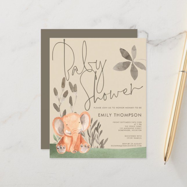 Budget Elephant Cream Baby Dusche Einladung (Vorderseite/Rückseite Beispiel)