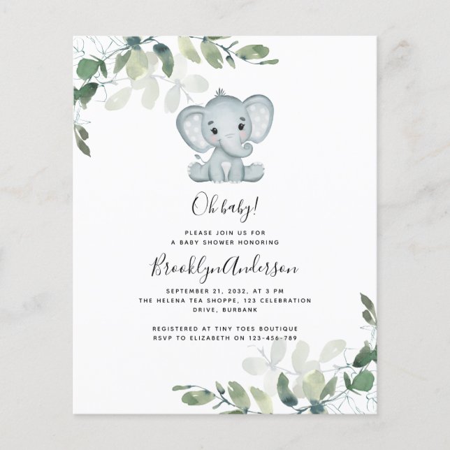 BUDGET Elephant Eucalyptus Baby Shower Einladung (Vorderseite)