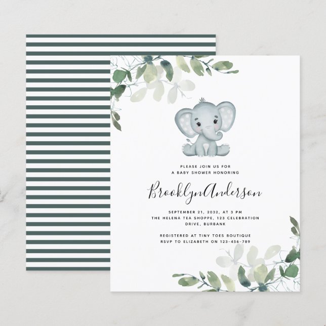 BUDGET Elephant Eucalyptus Baby Shower Einladung (Vorne/Hinten)