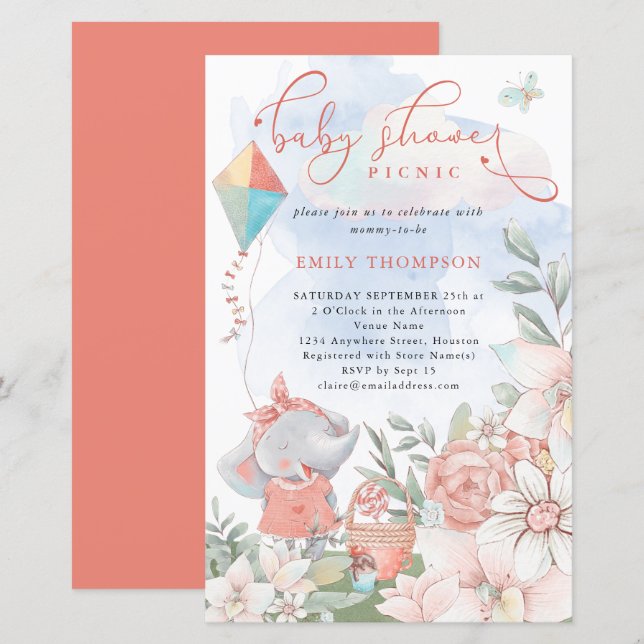Budget Elephant Florals Baby Shower Picnic Einladu (Vorne/Hinten)