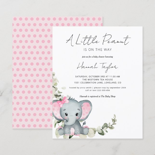Budget Elephant Girl Baby Shower Einladung (Vorne/Hinten)