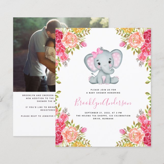 BUDGET Elephant Girl Foto Kinderdusche Einladung (Vorne/Hinten)